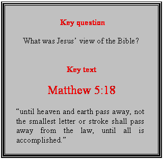 Text Box: Key question

What was Jesus view of the Bible?


Key text

Matthew 5:18 

until heaven and earth pass away, not the smallest letter or stroke shall pass away from the law, until all is accomplished.
